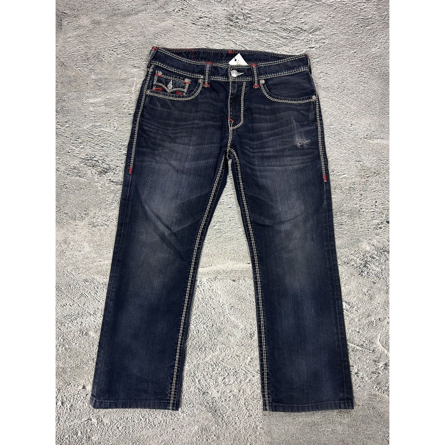 True Religion VAMP navy blue jeans red stitch contrast Y2K