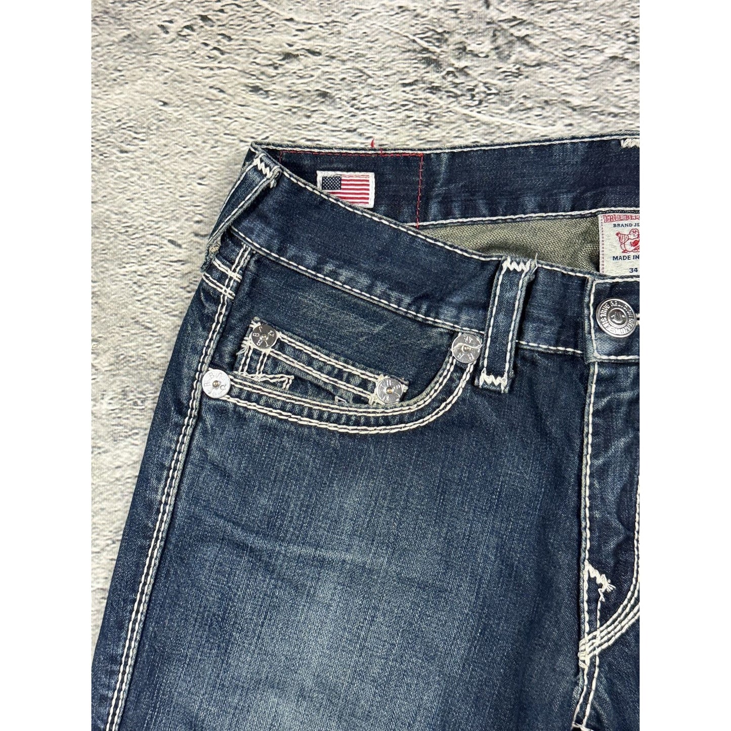 True Religion navy blue jeans white thick stitching Y2K Bobby