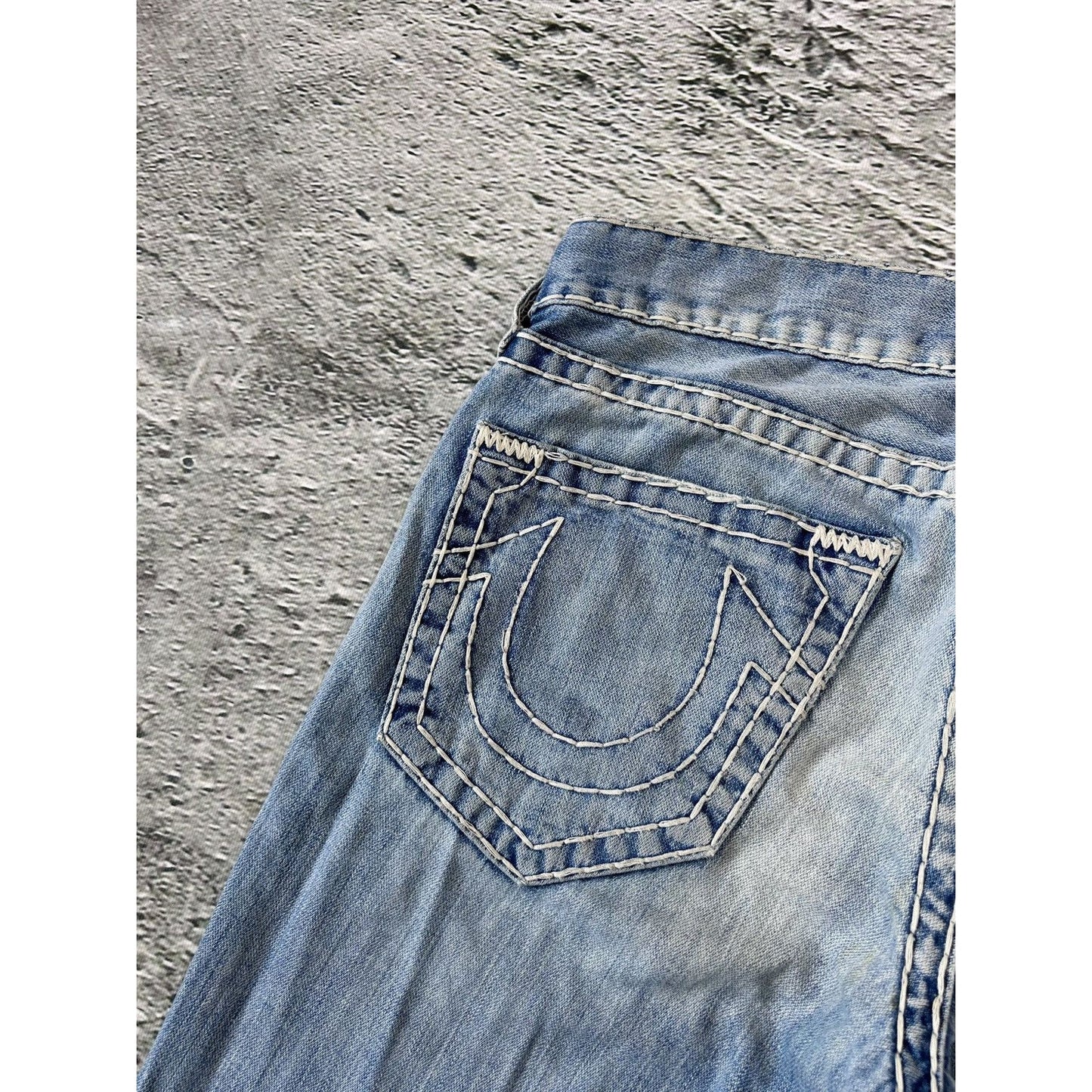 True Religion baby blue jeans white thick stitching Bobby