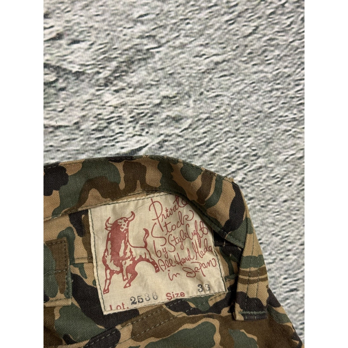 Evisu private stock camo Evis cow tag hand painted