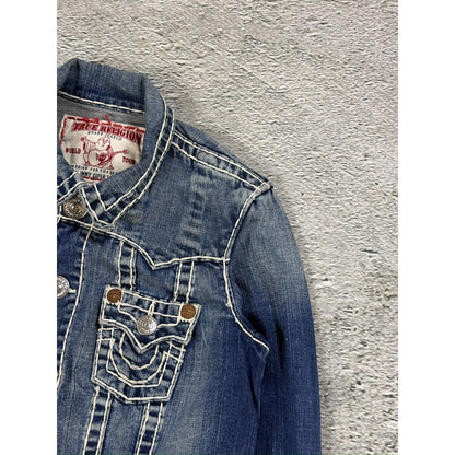 True Religion denim jacket blue white stitching vintage