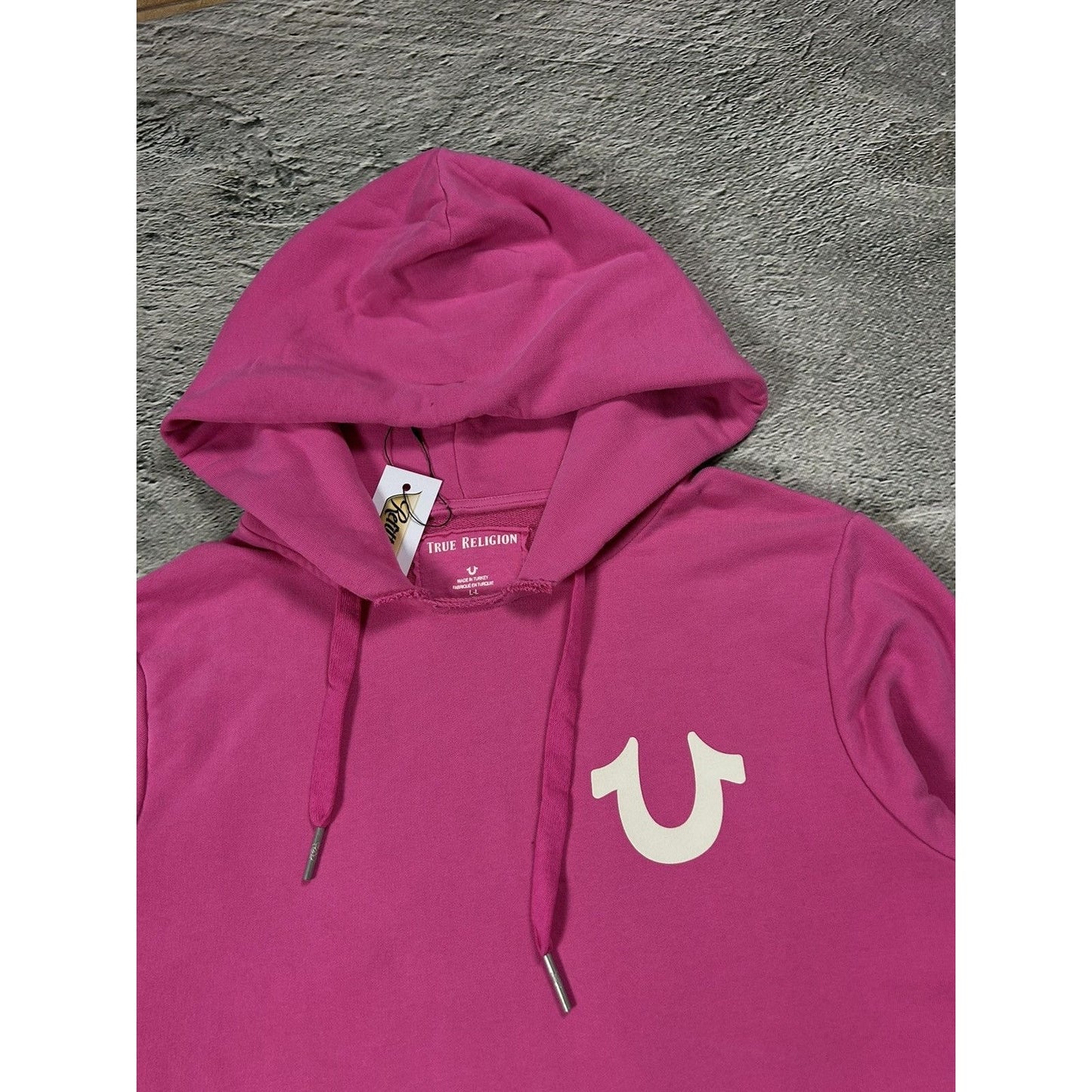 True Religion hoodie pink big logo white horseshoe vintage