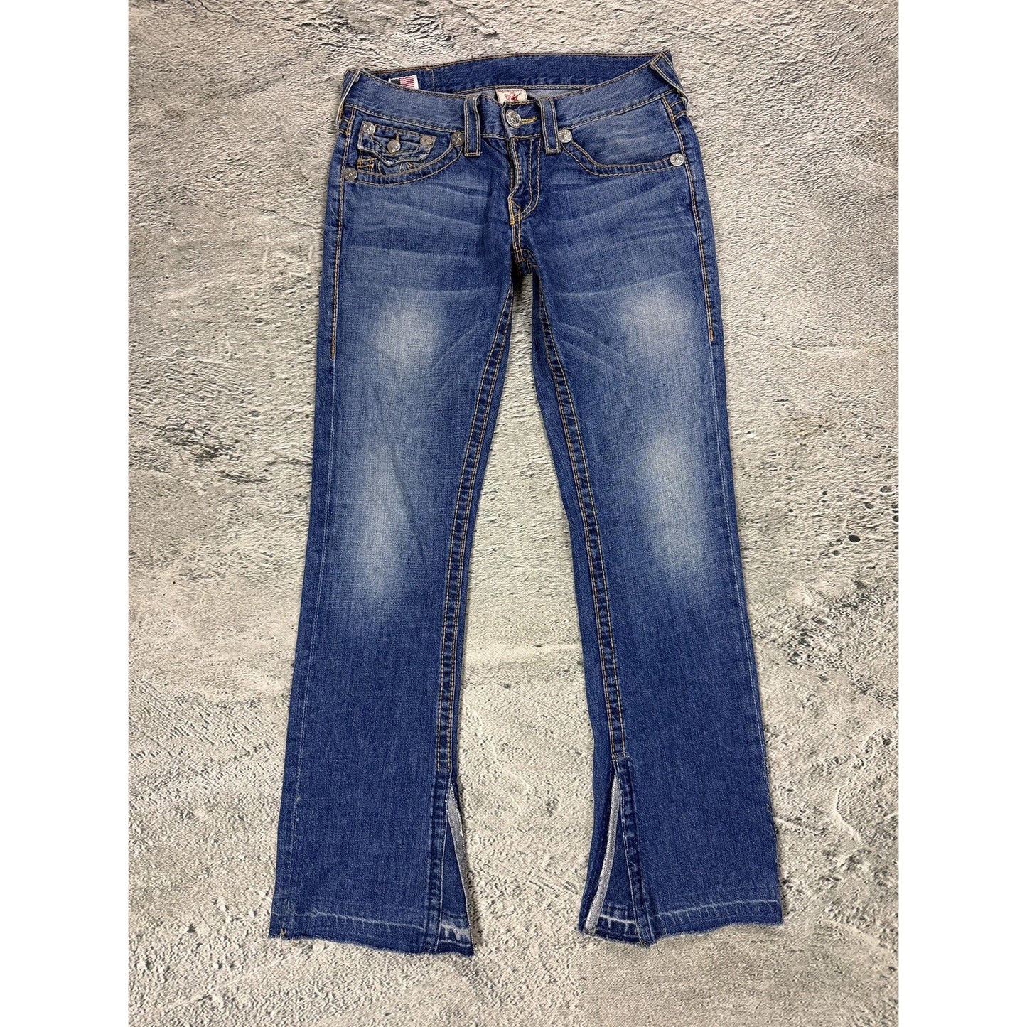 True Religion blue jeans flared thick stitching Ricky gold