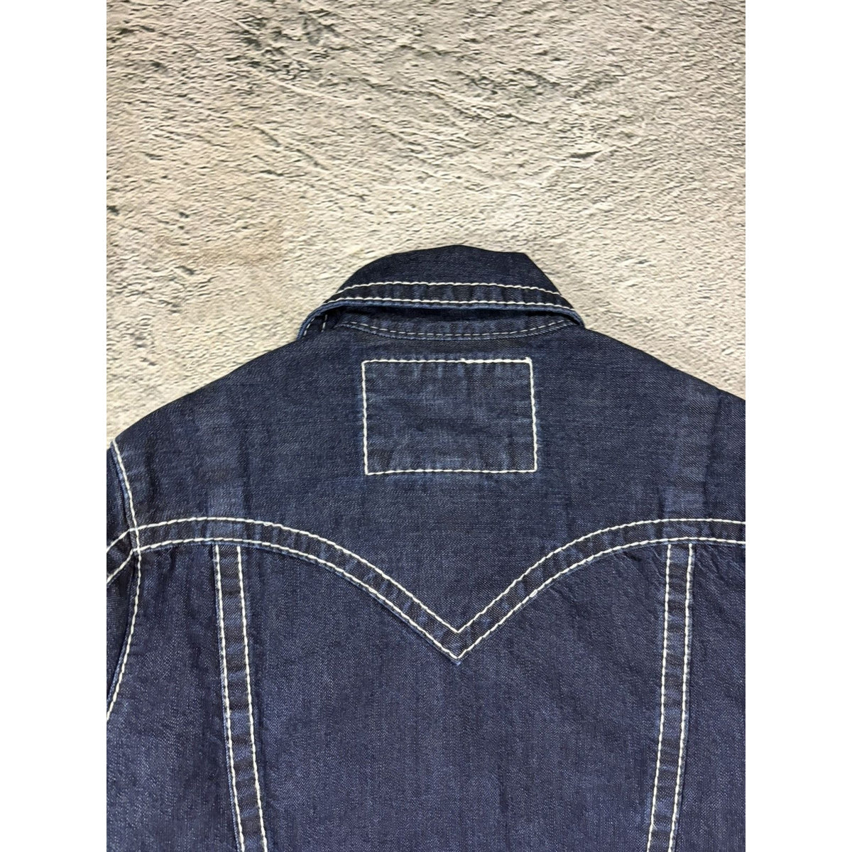 True Religion Raw denim jacket navy Blue white fat stithing