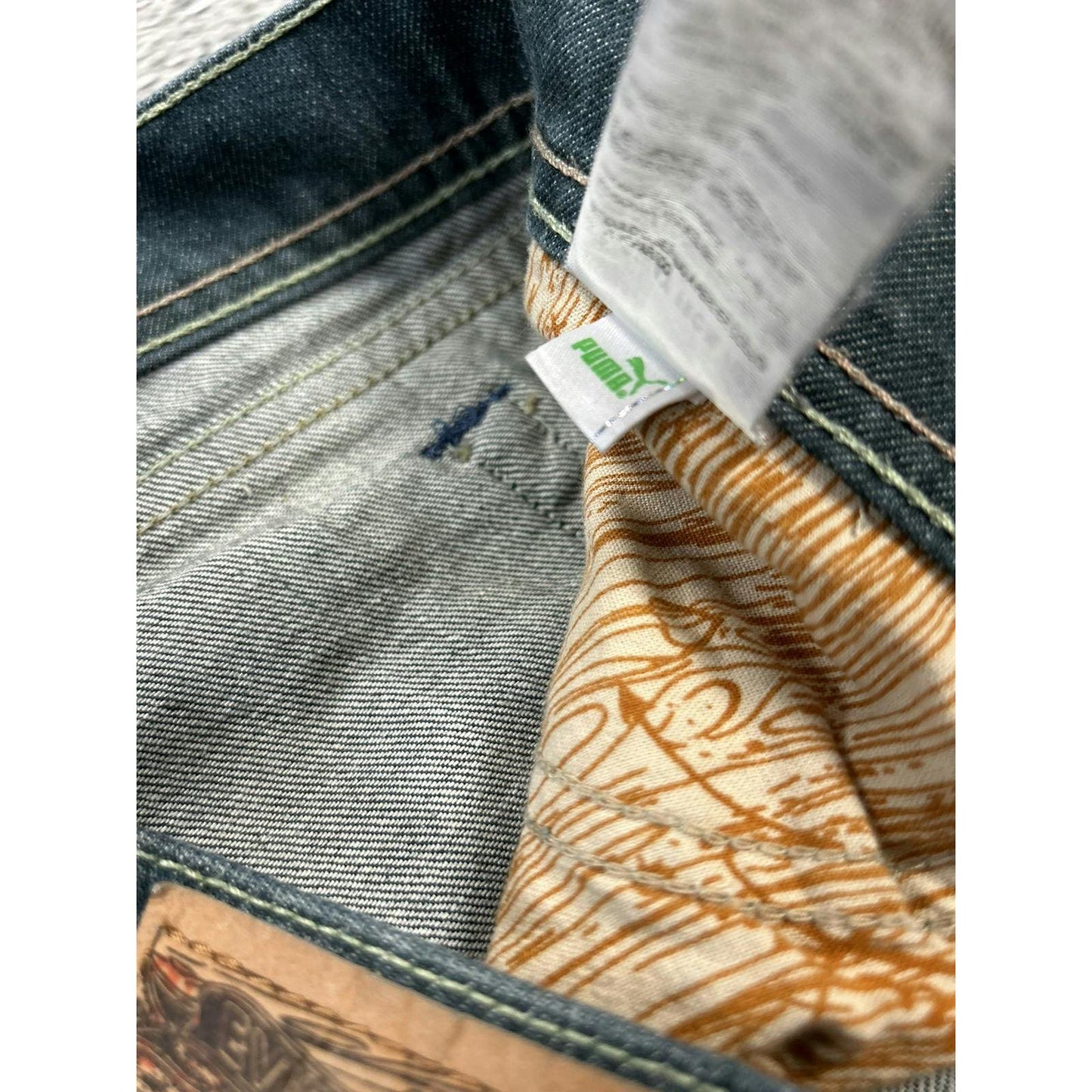 Evisu x Puma vintage navy green jeans seagulls distressed