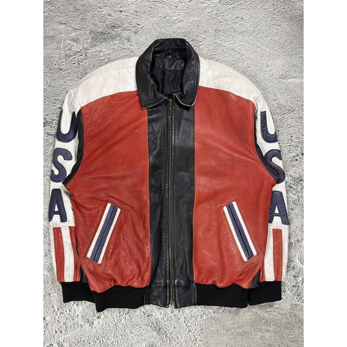 Vintage USA leather jacket flag black red white Max Moser