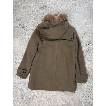 Sandro coat heavy wool khaki green hooded with fur