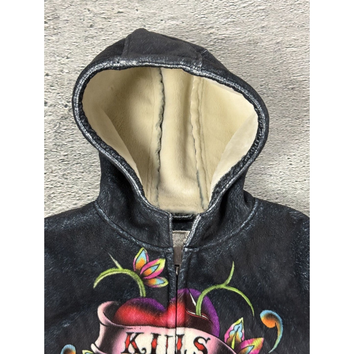 Ed Hardy zip hoodie black red vintage Y2K faux fur
