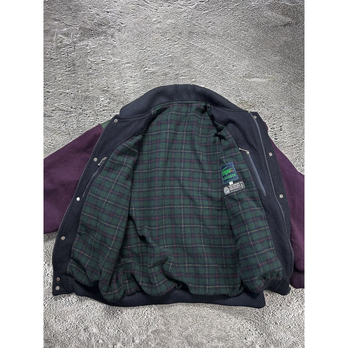 Lacoste wool varsity jacket multicolor leather green purple