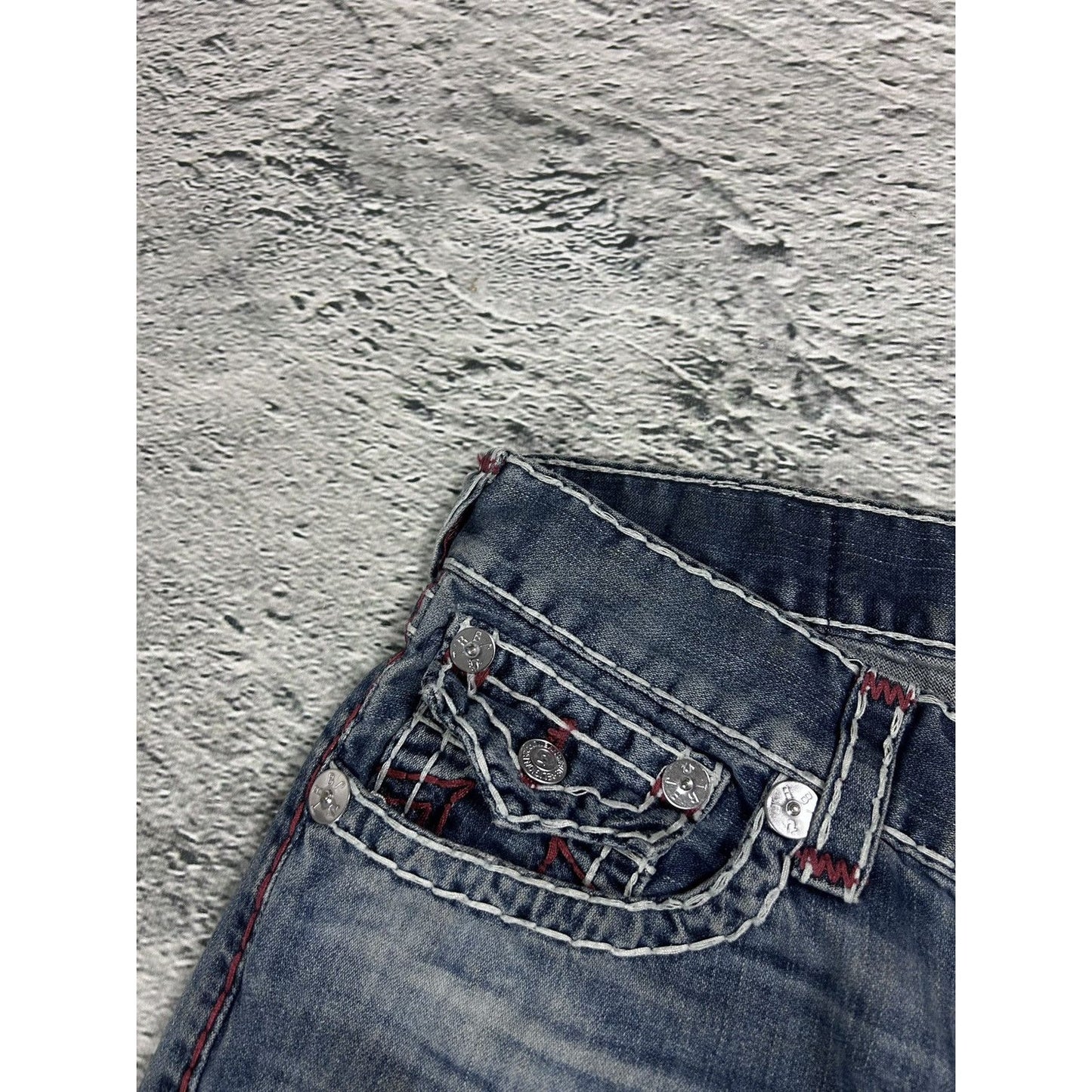 True Religion blue jeans white red thick stitching straight