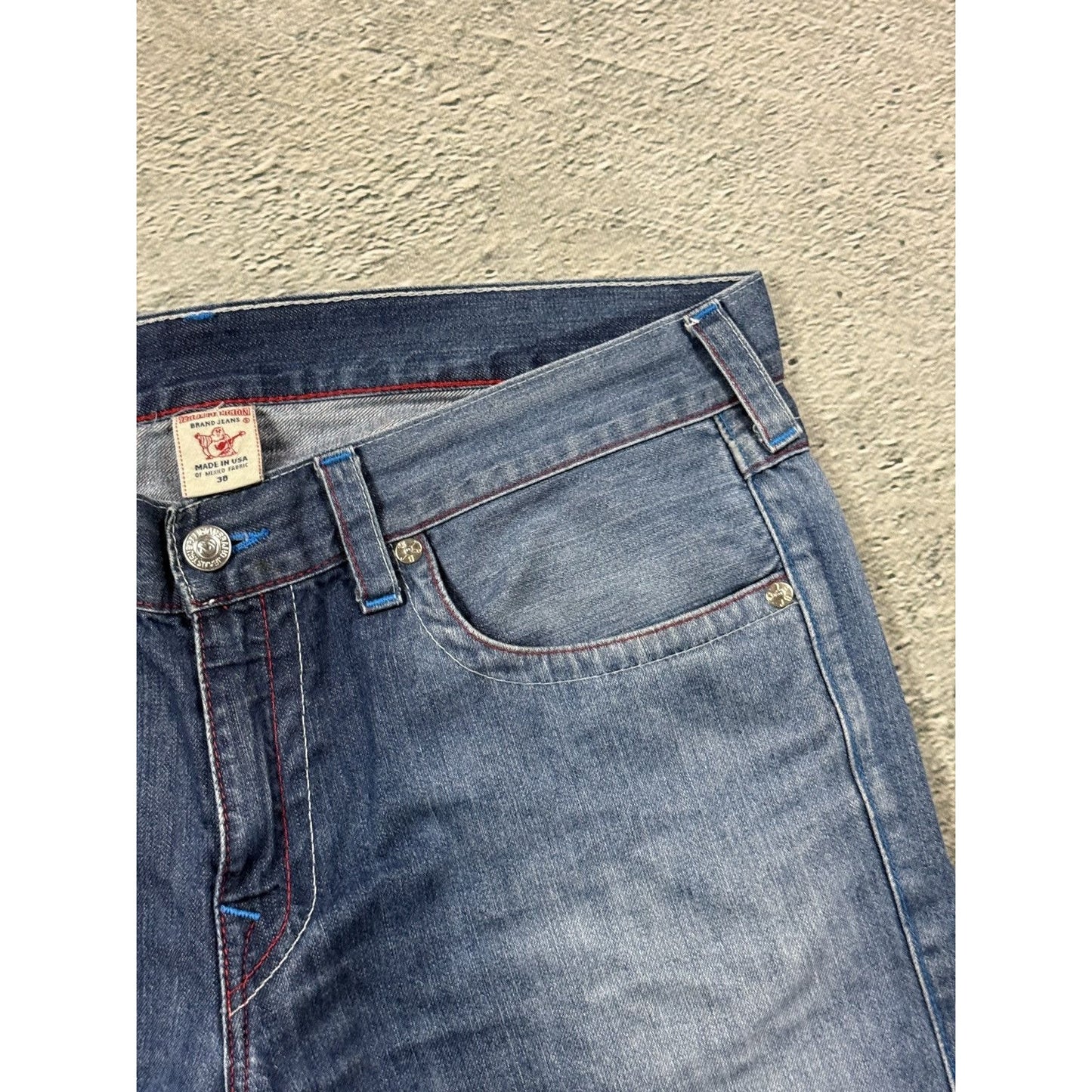 True Religion jorts denim shorts stitching blue red