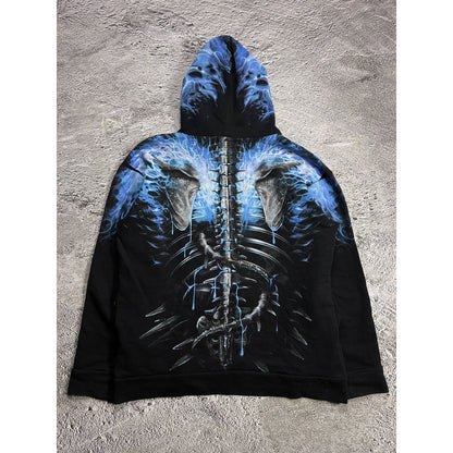 Vintage Y2K skulls flames fullprint black blue hoodie
