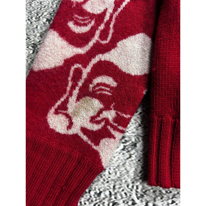 Evisu sweater wool vintage red knit face logo on sleeves