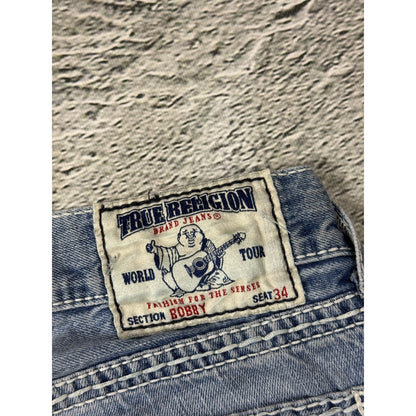 True Religion washed light blue jeans white stitching Bobby