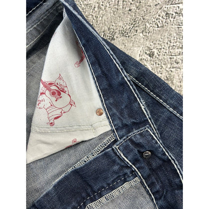 True Religion blue jeans white thick stitching baggy flared