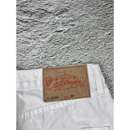 Ed Hardy white vintage jeans skull embroidered pants flowers