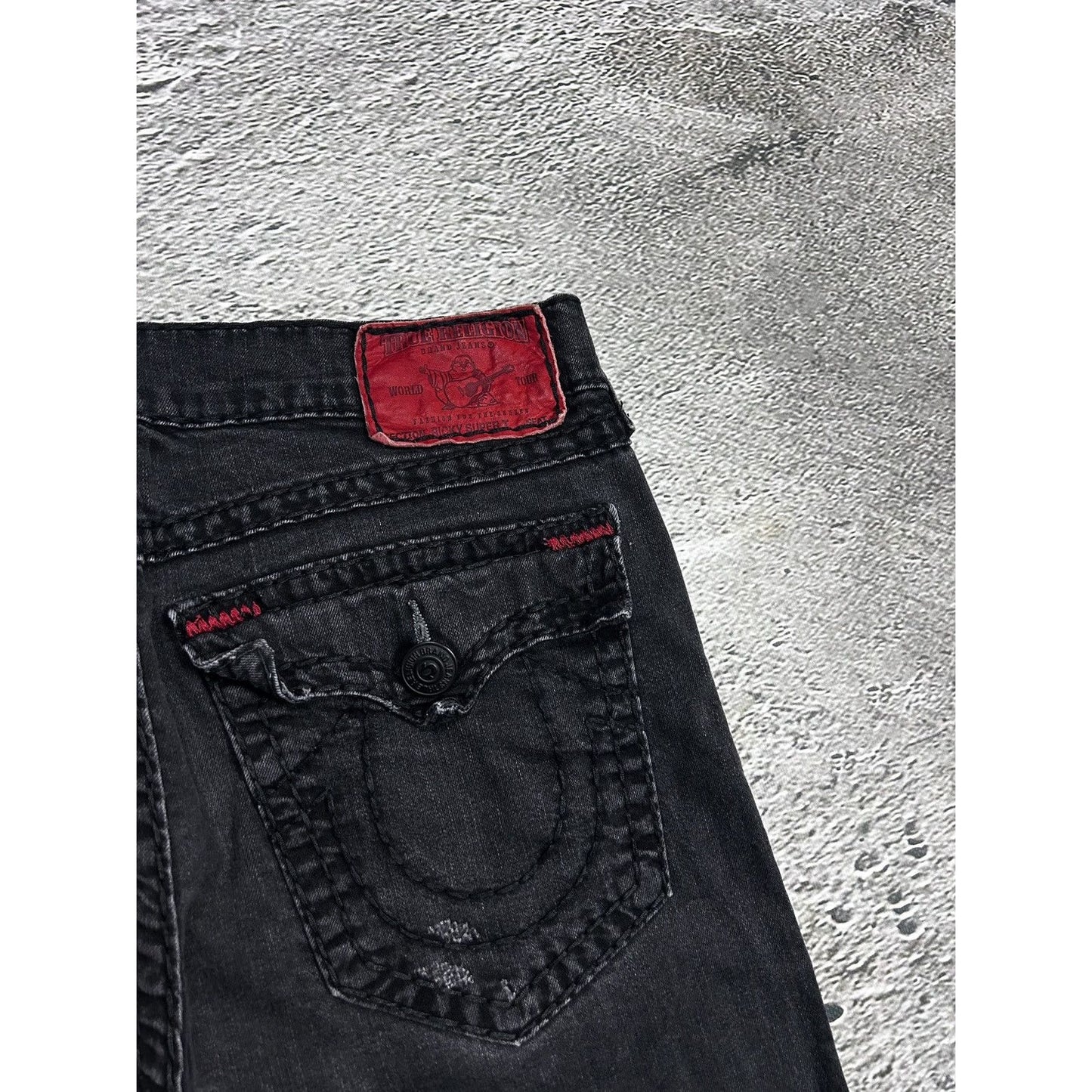 True Religion vintage black jeans Ricky red thick stitching