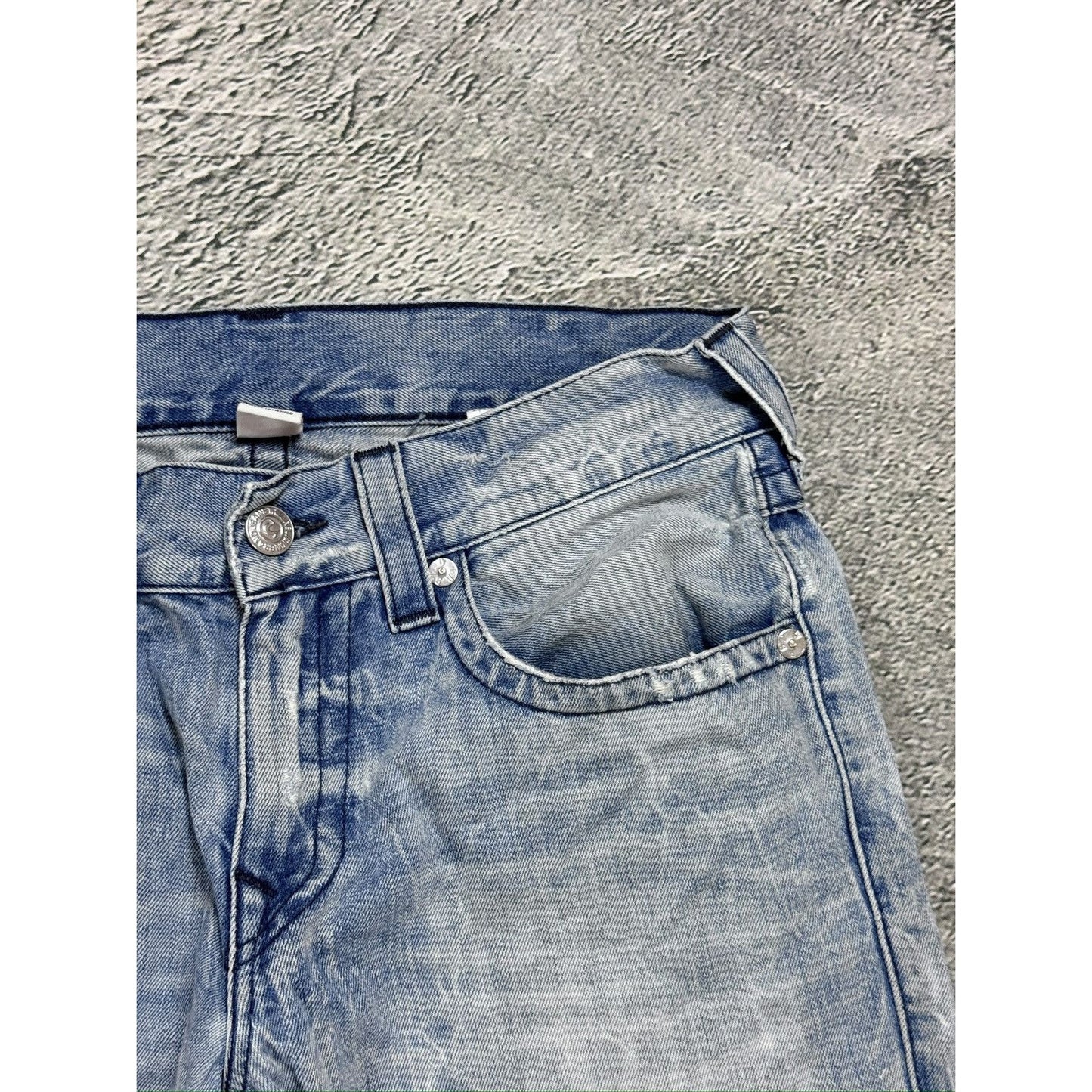 True Religion baby blue jeans black thick stitching straight