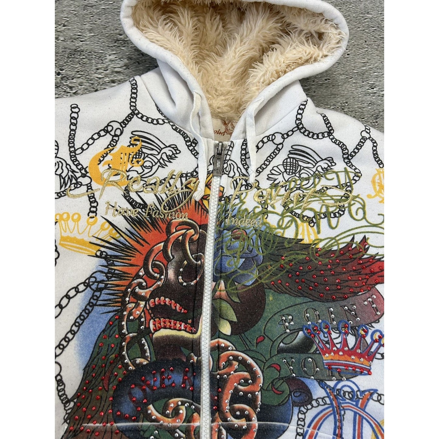 Really Point Y2K vintage zip hoodie white fur Ed Hardy