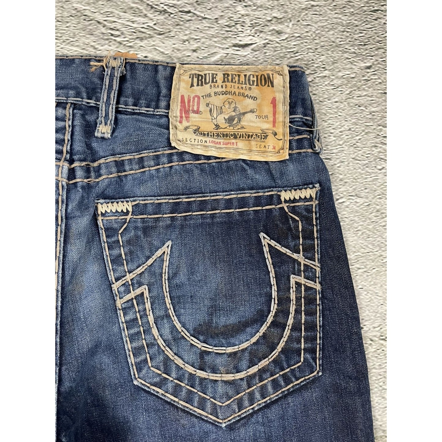 True Religion jeans dark navy thick stitching brown Logan