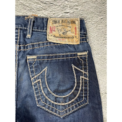 True Religion jeans dark navy thick stitching brown Logan