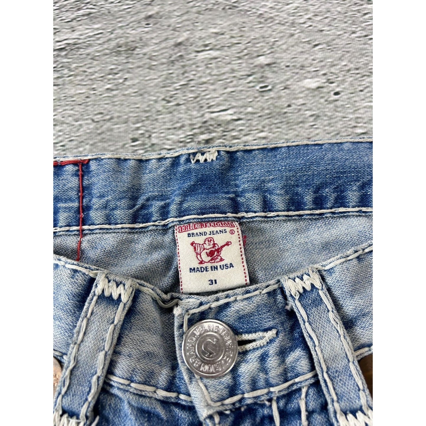 True Religion baby blue jeans white thick stitching Bobby