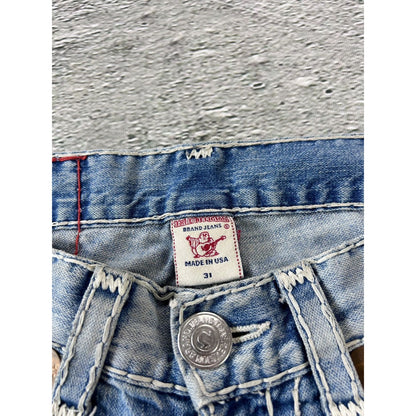 True Religion baby blue jeans white thick stitching Bobby