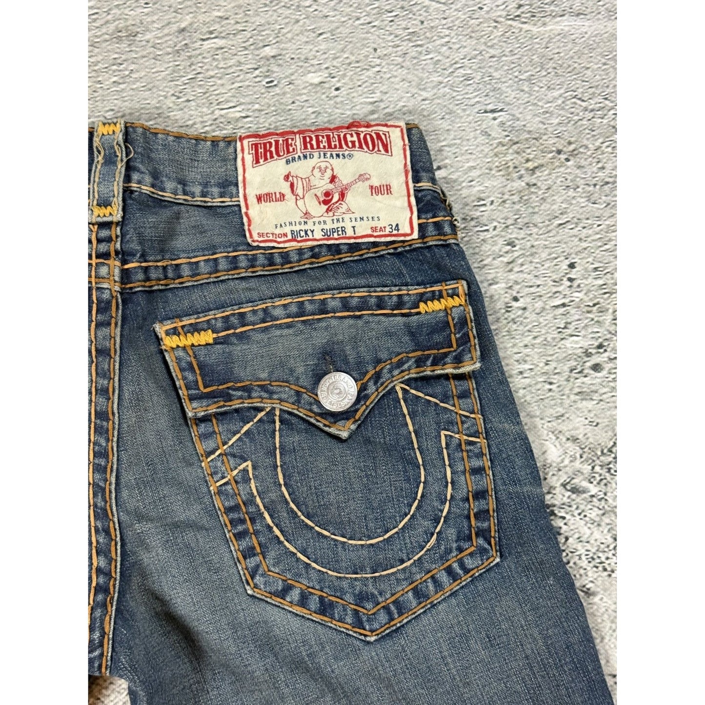 True Religion jorts denim shorts navy orange stitching Ricky