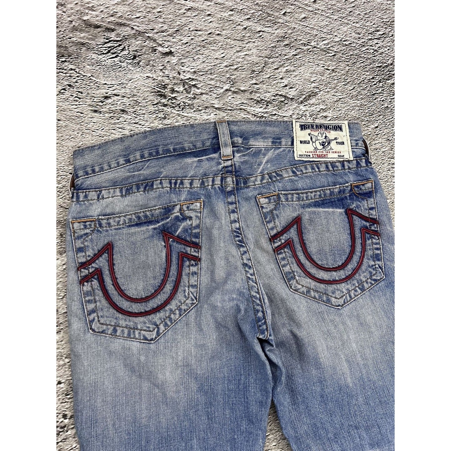 True Religion vintage jeans baby blue thick stitching red