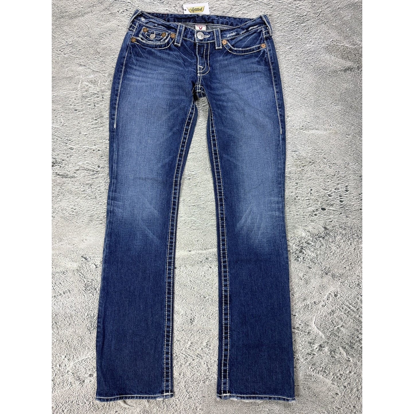 True Religion blue jeans white thick stitching Billy