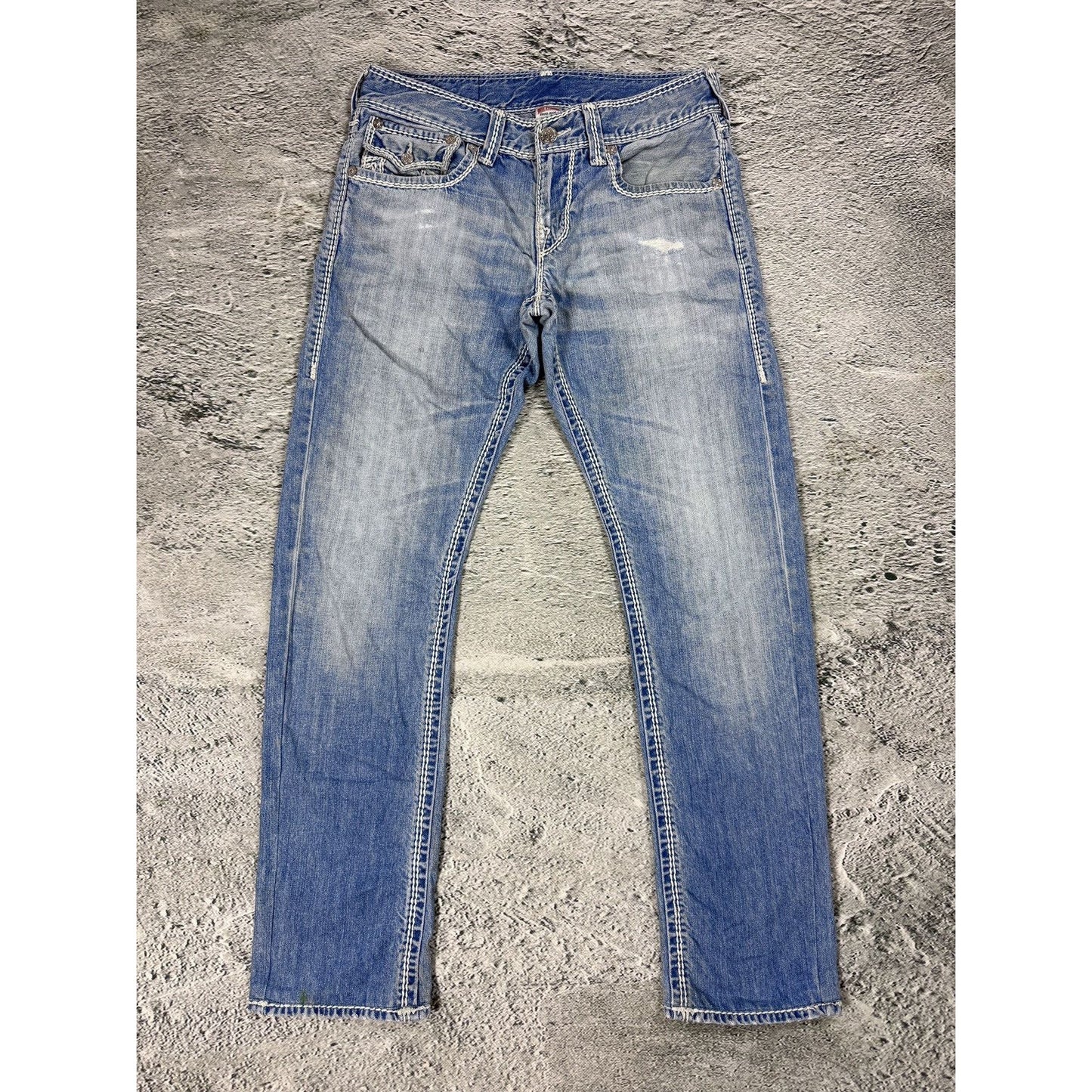 True Religion jeans straight baby blue Mega T white stitch