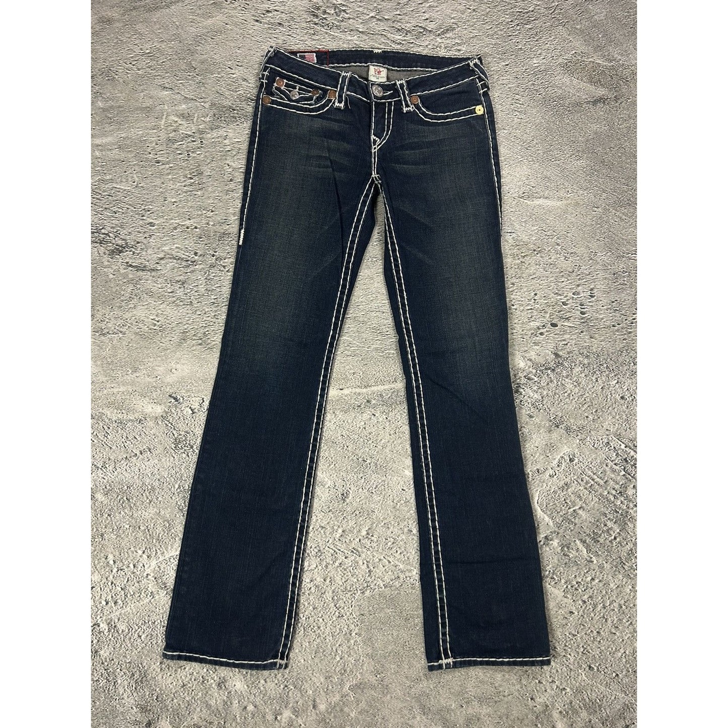 True Religion navy blue jeans white thick stitching Billy