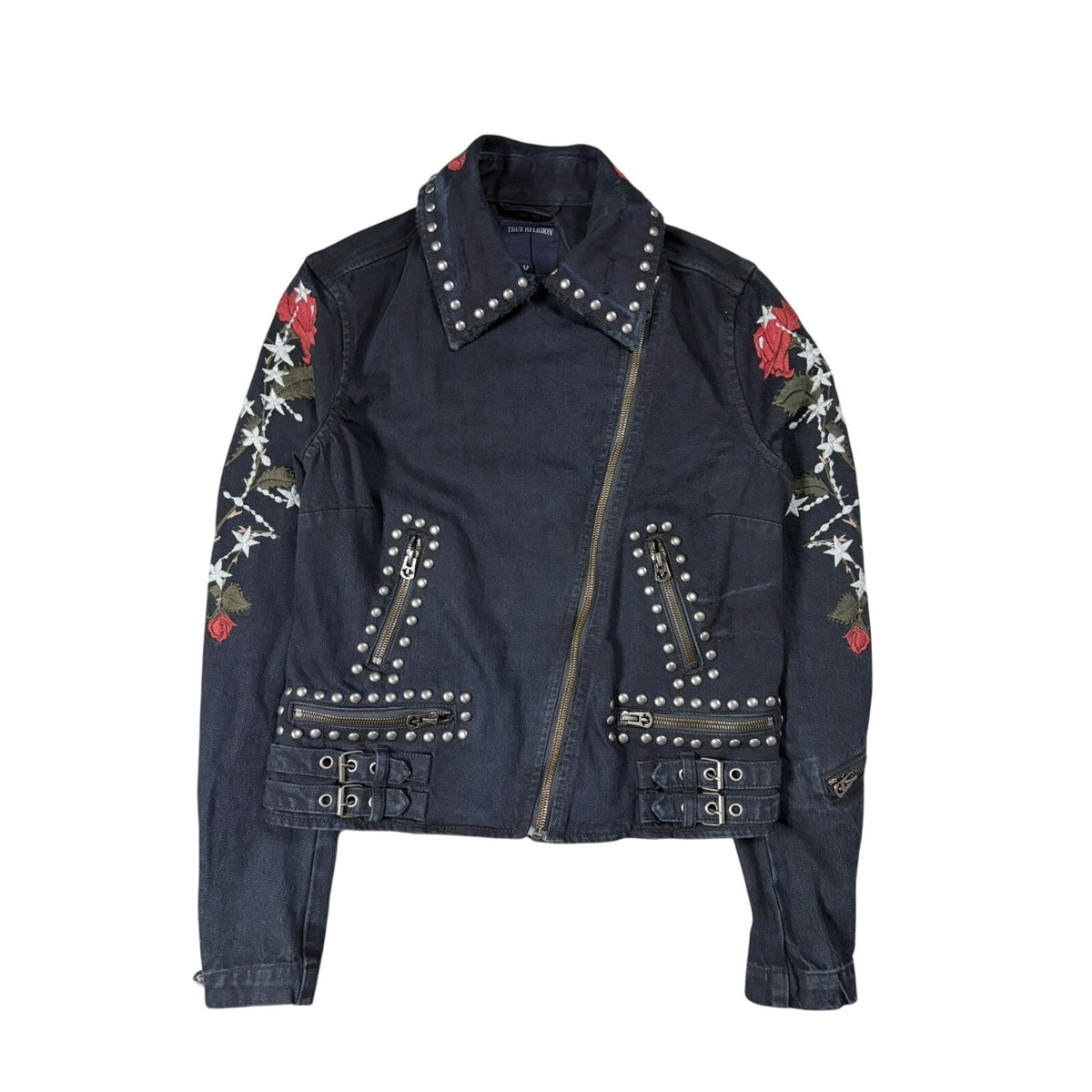 True Religion denim jacket Biker black roses studded red