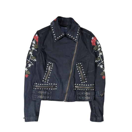 True Religion denim jacket Biker black roses studded red