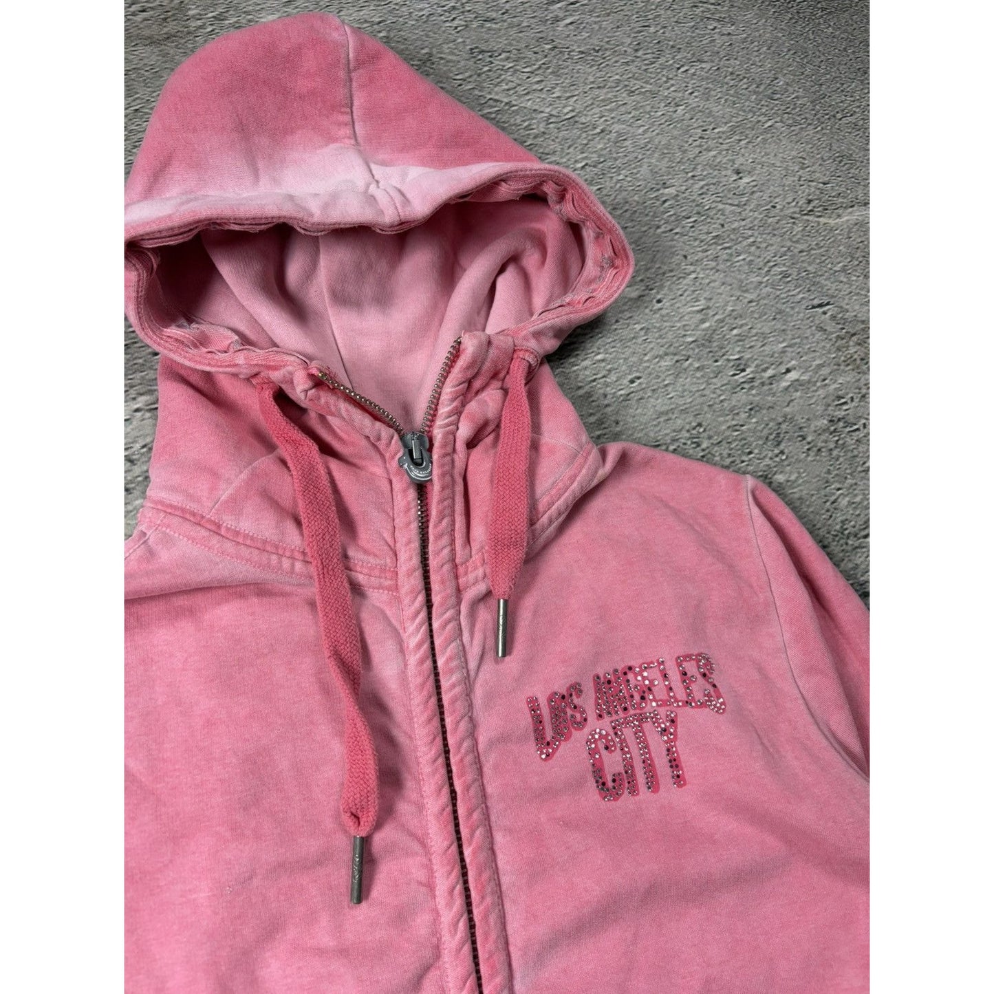 True Religion zip pink hoodie vintage LA rhinestones sherpa