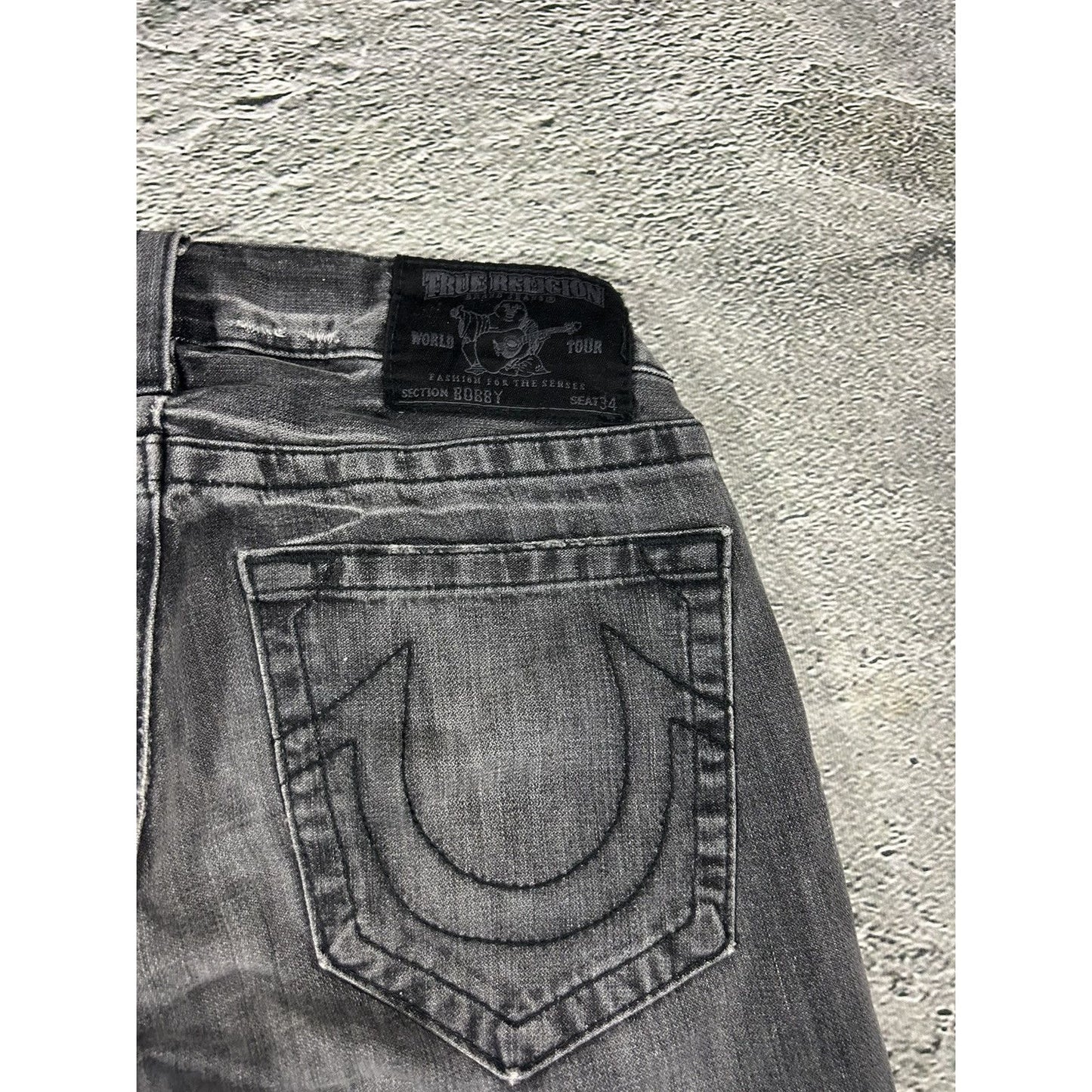 True Religion jeans grey black thick stitching Bobby