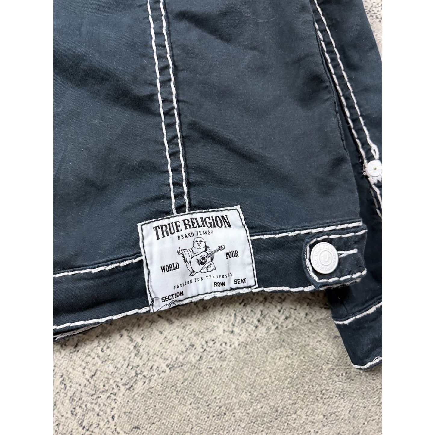 True Religion denim jacket black white fat stithing