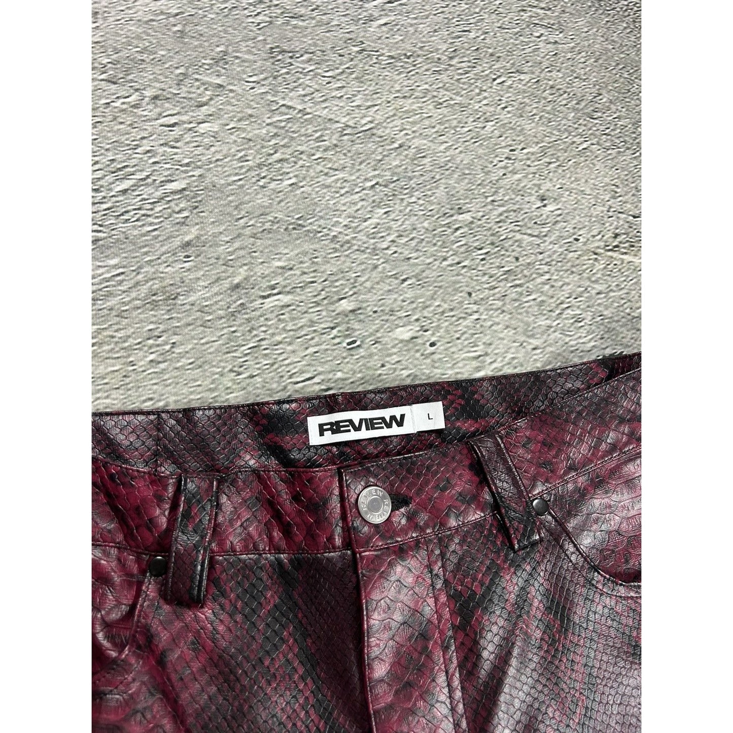 Review baggy pants faux leather style red snakeskin