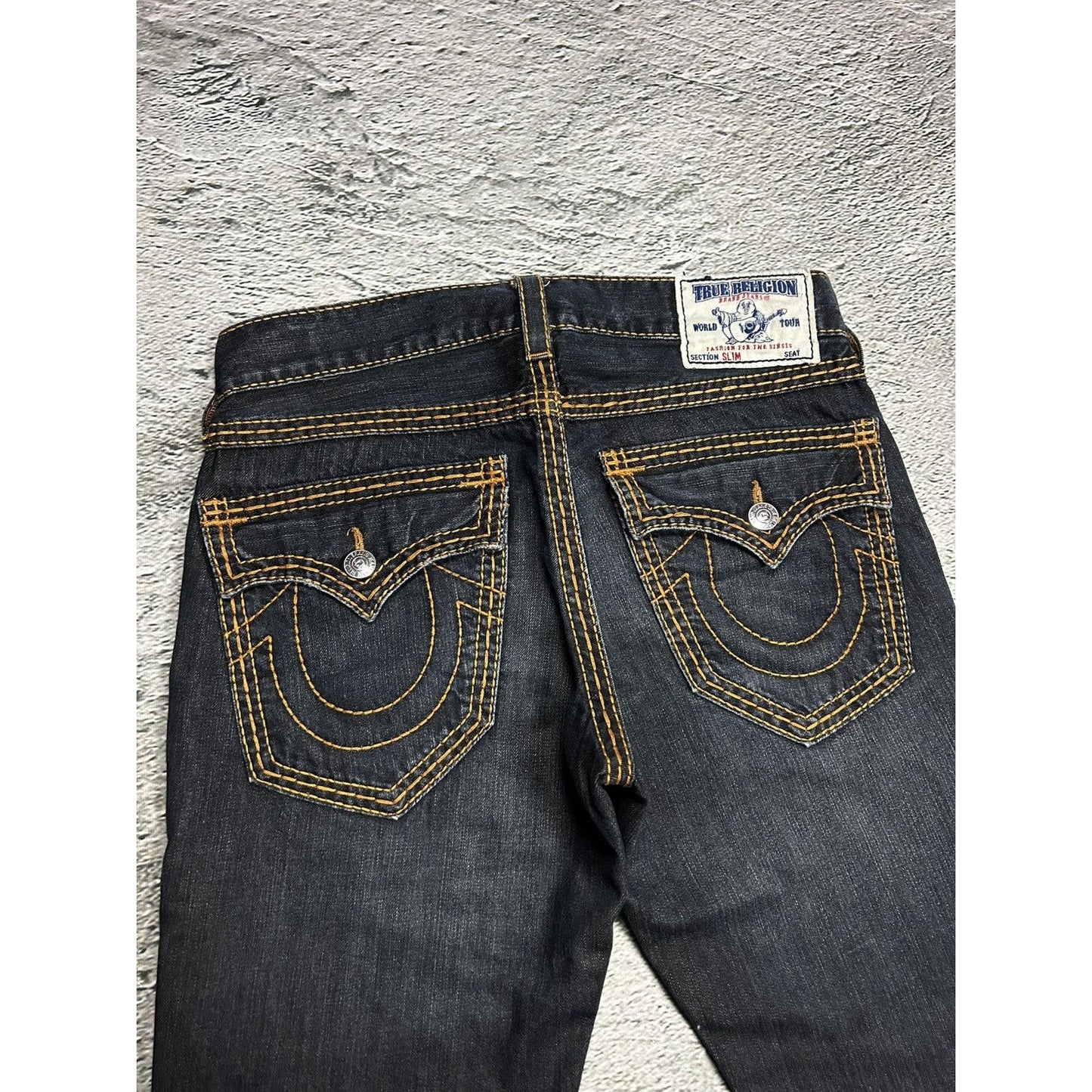True Religion dark navy jeans orange thick stitching Y2K