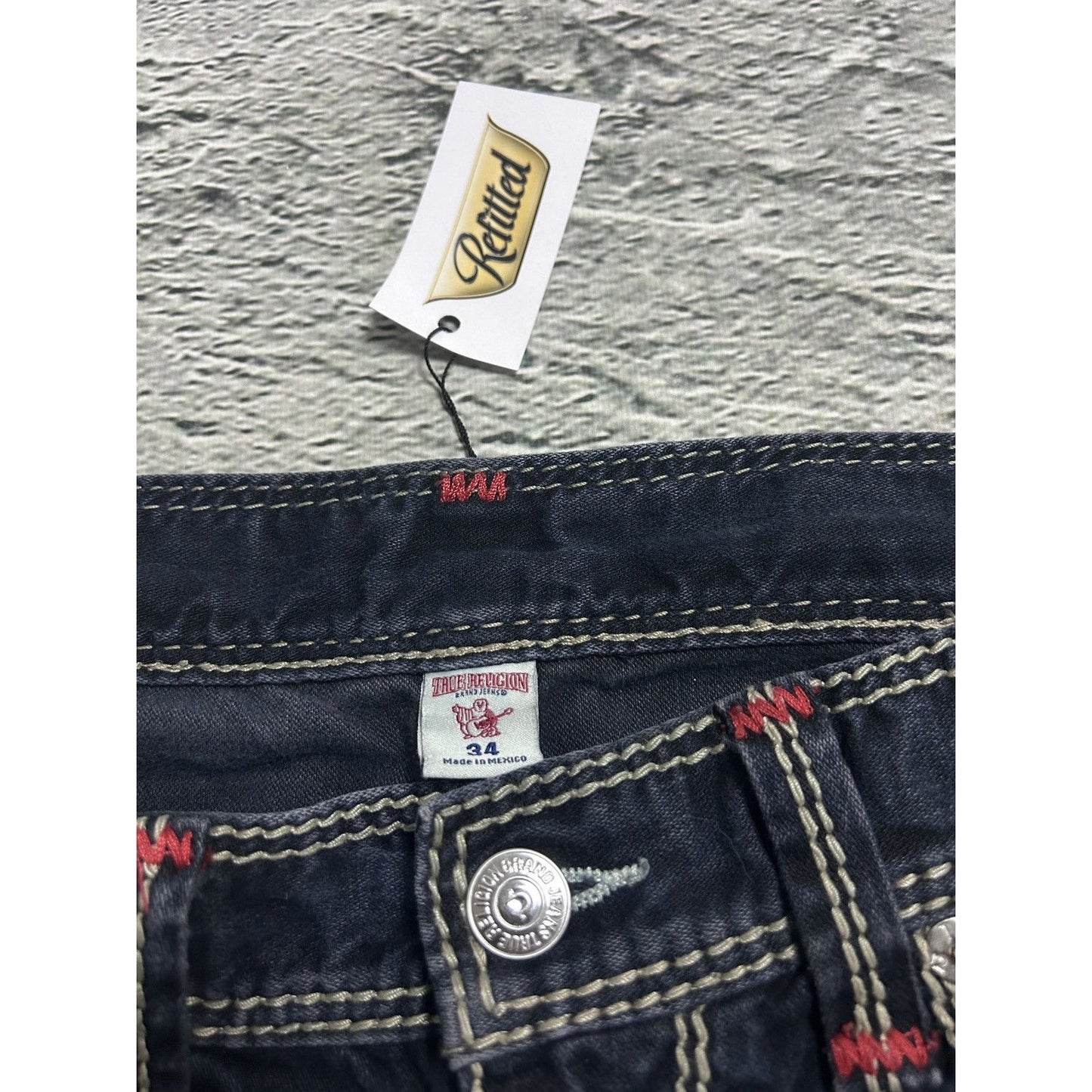 True Religion VAMP navy blue jeans red stitch contrast Y2K
