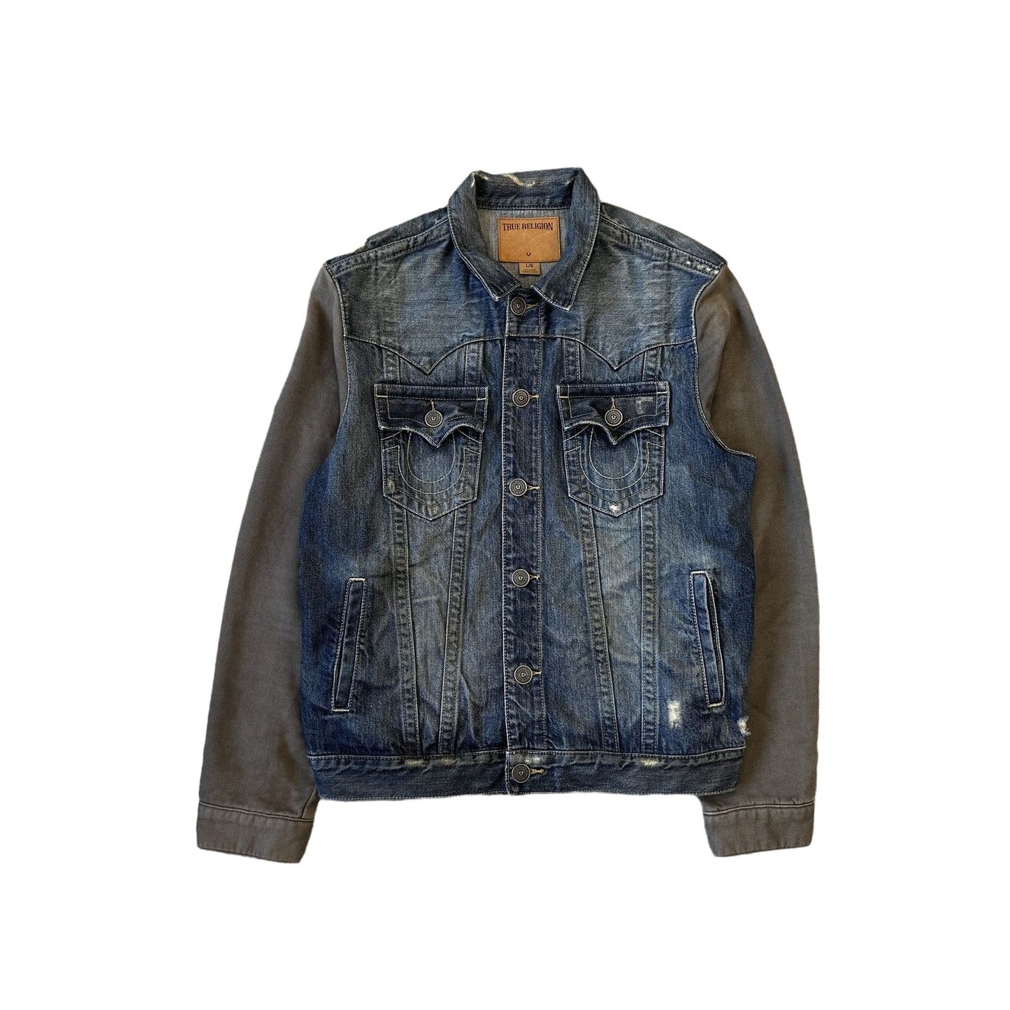 True Religion denim jacket navy grey contrast stitching Y2K