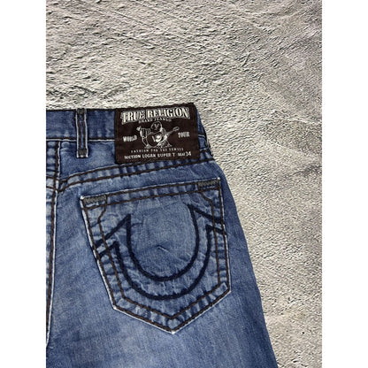 True Religion blue jeans white thick stitching Logan