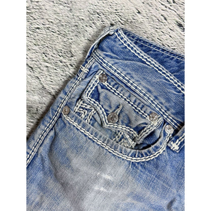 True Religion jeans straight baby blue Mega T white stitch
