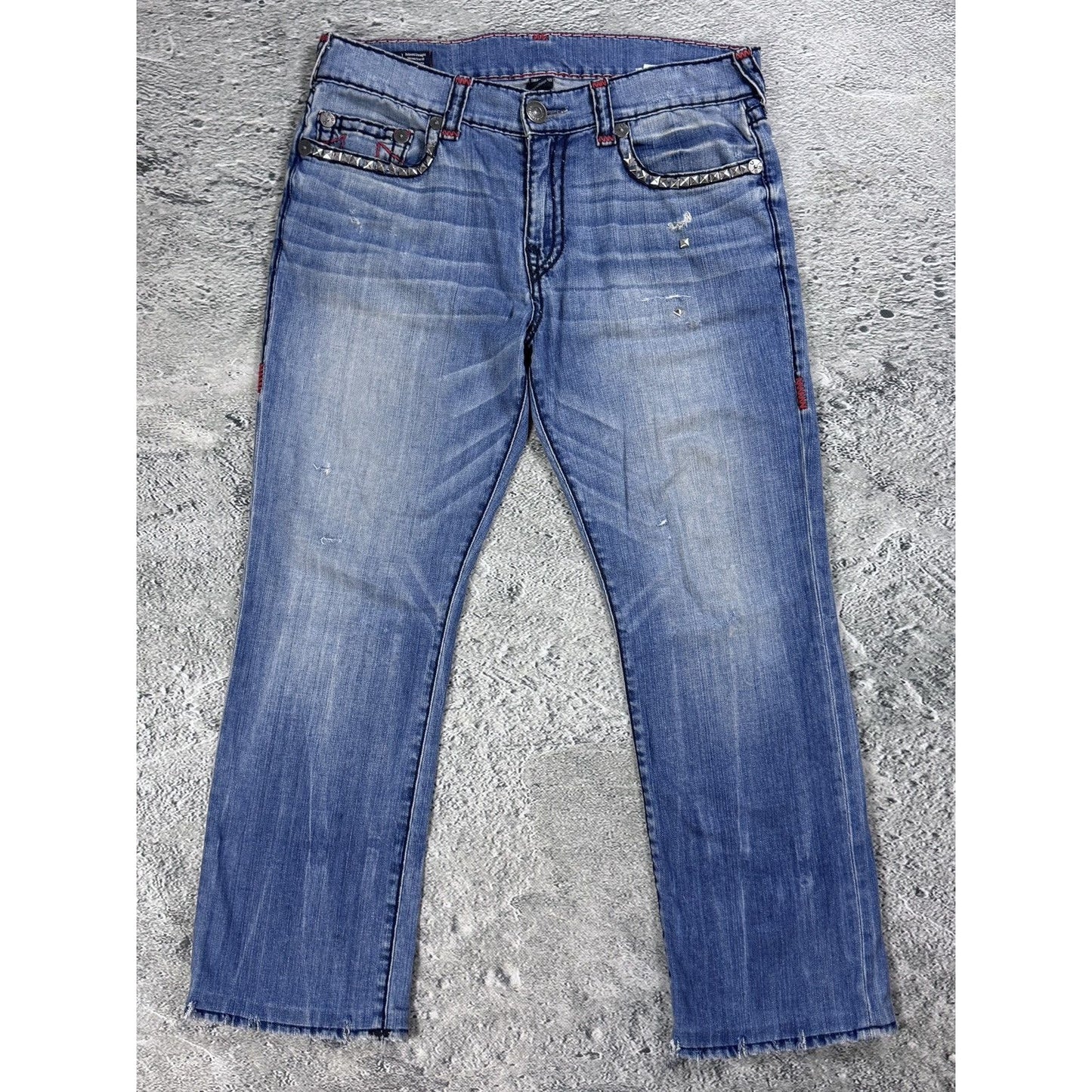 True Religion blue jeans red thick stitching Y2K studded