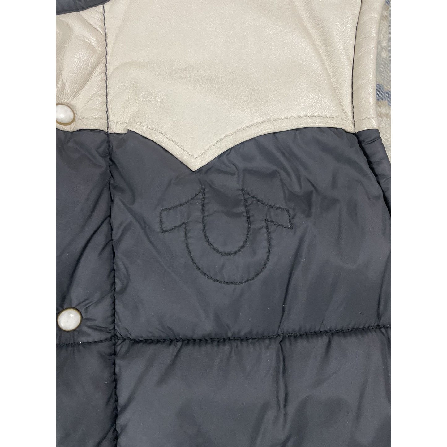 True Religion puffer jacket black leather patch