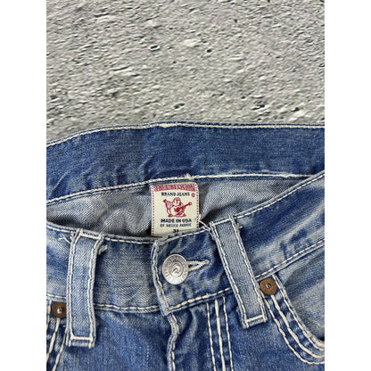 True Religion baby blue jeans white thick stitching straight