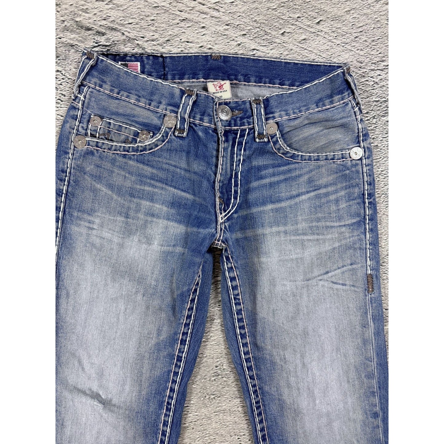 True Religion Blue jeans White Brown thick stitching Bobby