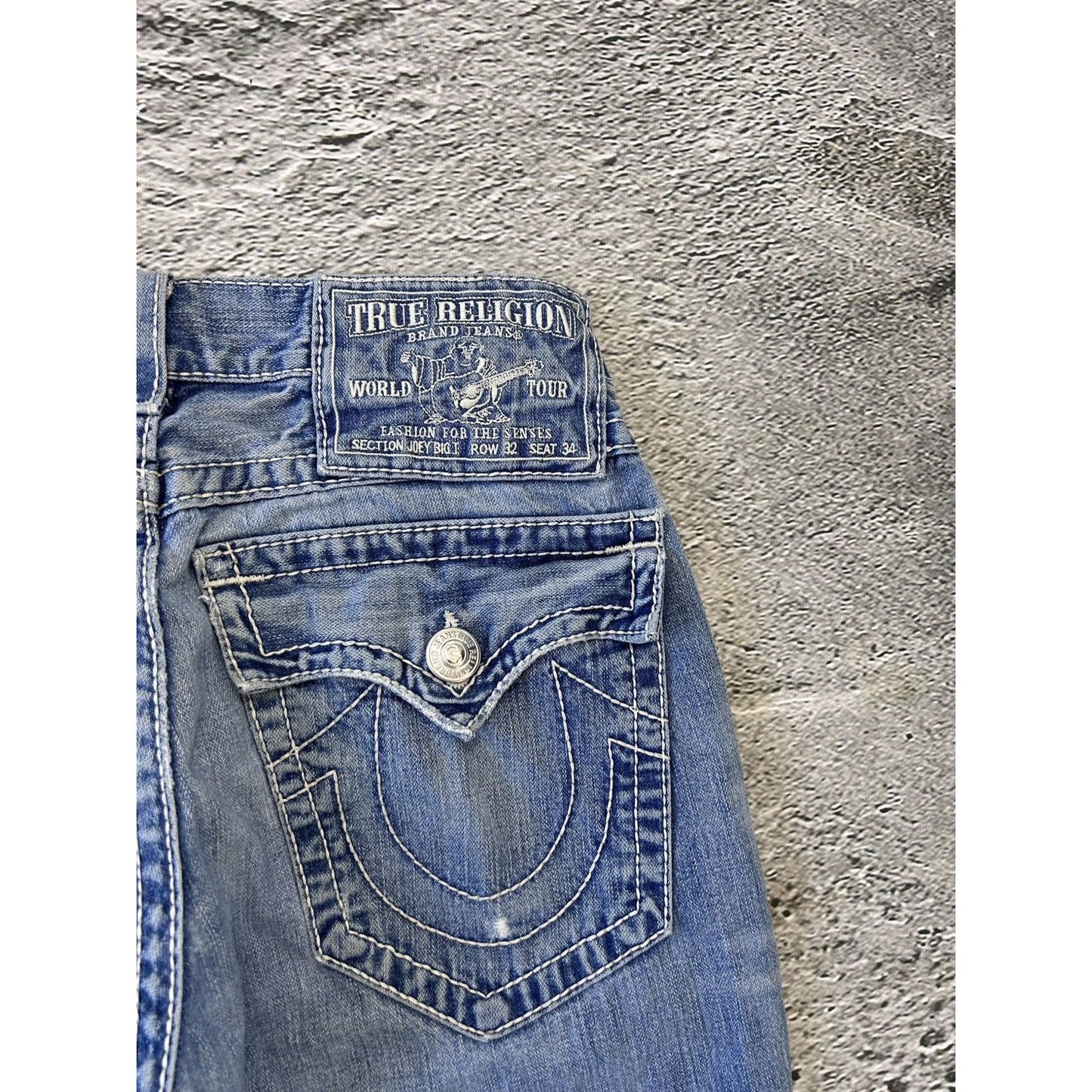 True Religion baby blue jeans white stitching Y2K bootcut
