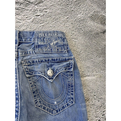 True Religion baby blue jeans white stitching Y2K bootcut