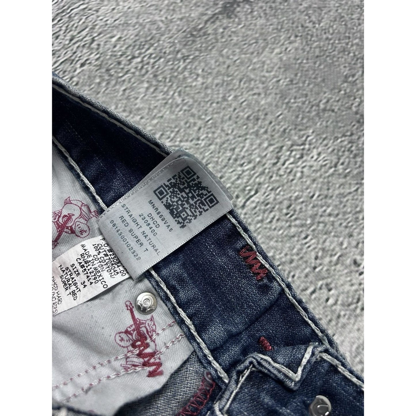 True Religion blue jeans white red thick stitching straight